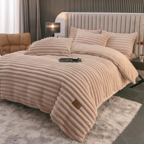 Lenjerie de Pat Premium JOJO Home, 4 Piese, Blăniță Artificială Tip Iepure, Cearșaf cu Elastic – Bej, LJH-006 Lenjerii Blanita Iepure