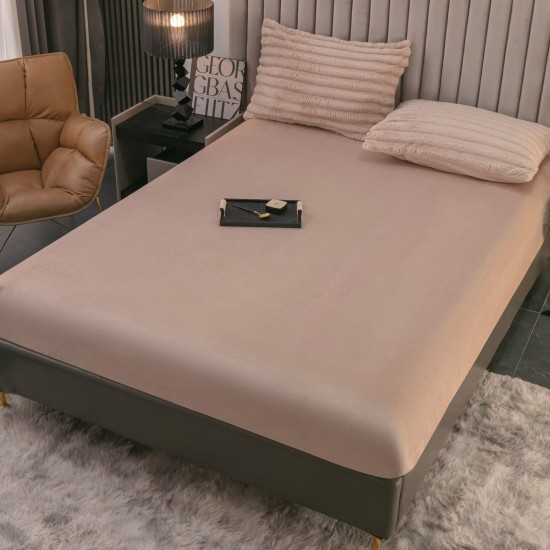 Lenjerie de Pat Premium JOJO Home, 4 Piese, Blăniță Artificială Tip Iepure, Cearșaf cu Elastic – Bej, LJH-006 Lenjerii Blanita Iepure