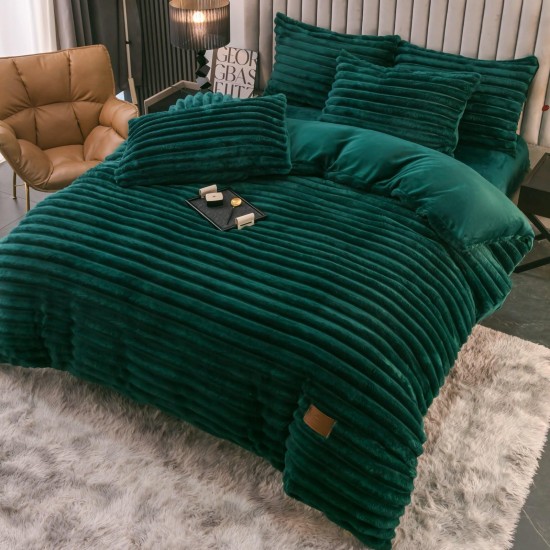 Lenjerie de Pat Premium JOJO Home, 4 Piese, Blăniță Artificială Tip Iepure, Cearșaf cu Elastic – Verde Smarald, LJH-007 Lenjerii Blanita Iepure