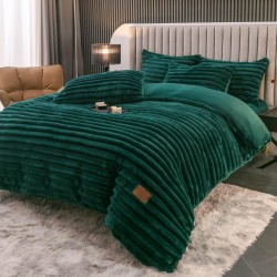 Lenjerie de Pat Premium JOJO Home, 4 Piese, Blăniță Artificială Tip Iepure, Cearșaf cu Elastic – Verde Smarald, LJH-007