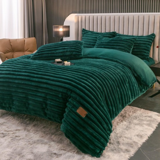 Lenjerie de Pat Premium JOJO Home, 4 Piese, Blăniță Artificială Tip Iepure, Cearșaf cu Elastic – Verde Smarald, LJH-007 Lenjerii Blanita Iepure