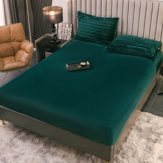 Lenjerie de Pat Premium JOJO Home, 4 Piese, Blăniță Artificială Tip Iepure, Cearșaf cu Elastic – Verde Smarald, LJH-007 Lenjerii Blanita Iepure