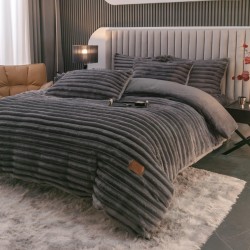 Lenjerie de Pat Premium JOJO Home, 4 Piese, Blăniță Artificială Tip Iepure, Cearșaf cu Elastic – Gri Inchis, LJH-008