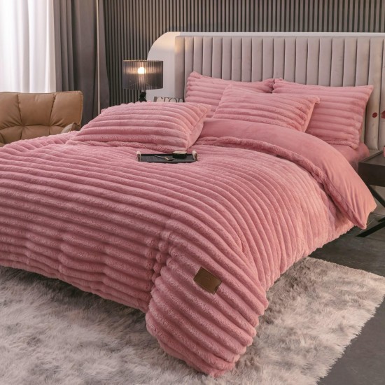 Lenjerie de Pat Premium JOJO Home, 4 Piese, Blăniță Artificială Tip Iepure, Cearșaf cu Elastic – Roz, LJH-009 Lenjerii Blanita Iepure