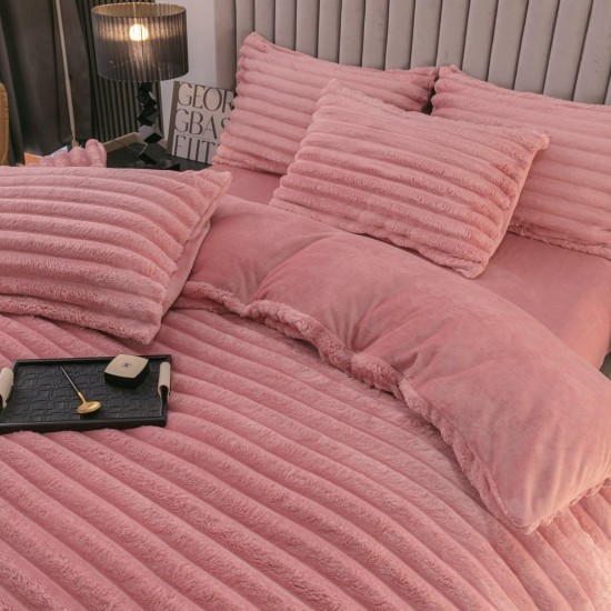 Lenjerie de Pat Premium JOJO Home, 4 Piese, Blăniță Artificială Tip Iepure, Cearșaf cu Elastic – Roz, LJH-009 Lenjerii Blanita Iepure