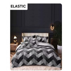 Set Lenjerie Pat Dublu din Bumbac Satinat, 4 Piese, Cearșaf cu Elastic – Model Geometric Gri-Negru, LES-074