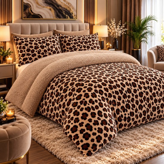 Pilota Cocolino cu Blăniță 200x230 cm + 2 Fețe de Pernă – Imprimeu Leopard Maro, PDC-010 Pilote Iarna cu Blana