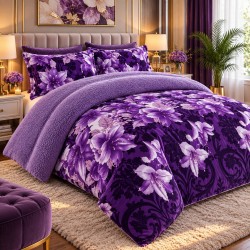 Pilota cu Blăniță 200x230 cm + 2 Fețe de Pernă – Model Floral Mov cu Liliac, PDC-061