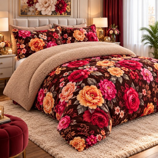 Pilotă Cocolino cu Blăniță 200×230 cm + 2 Fețe de Pernă – Model Floral Bordo, PDC-038 Pilote Iarna cu Blana