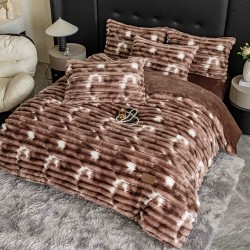 Lenjerie de Pat Premium JOJO Home, 4 Piese, Blăniță Artificială Tip Iepure, Cearșaf cu Elastic – Maro Ciocolatiu, LJH-010