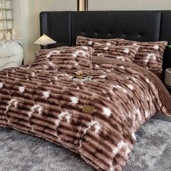 Lenjerie de Pat Premium JOJO Home, 4 Piese, Blăniță Artificială Tip Iepure, Cearșaf cu Elastic – Maro Ciocolatiu, LJH-010