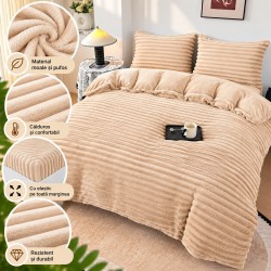 Set Lenjerie Pufoasă Cocolino cu Elastic 4 Piese, Pat Dublu, Crem, Model Dungi Reliefati, LEC-163