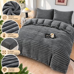 Set Lenjerie Pufoasă Cocolino cu Elastic 4 Piese, Pat Dublu, Gri antracit, Model Dungi Reliefati, LEC-161