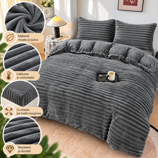 Set Lenjerie Pufoasă Cocolino cu Elastic 4 Piese, Pat Dublu, Gri antracit, Model Dungi Reliefati, LEC-161 Lenjerii Cocolino 4 piese cu ELASTIC
