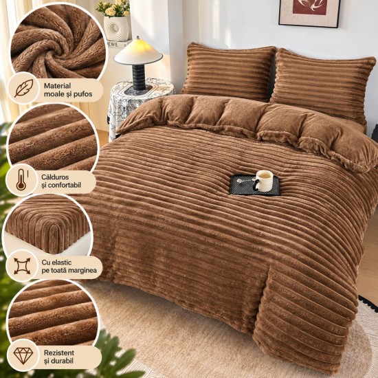 Set Lenjerie Pufoasă Cocolino cu Elastic 4 Piese, Pat Dublu – Model Dungi Reliefate, Maro Deschis, LEC-069 Lenjerii Cocolino 4 piese cu ELASTIC