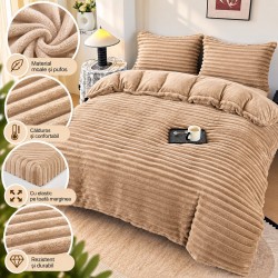 Set Lenjerie Pufoasă Cocolino cu Elastic 4 Piese, Pat Dublu, Bej, Model Dungi Reliefati, LEC-160