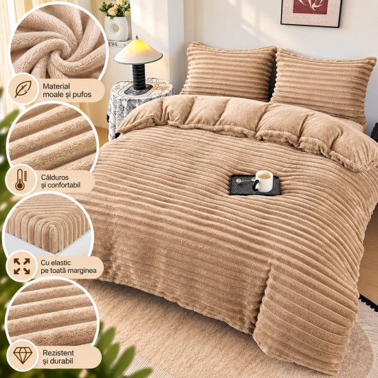Set Lenjerie Pufoasă Cocolino cu Elastic 4 Piese, Pat Dublu, Bej, Model Dungi Reliefati, LEC-160 Lenjerii Cocolino 4 piese cu ELASTIC