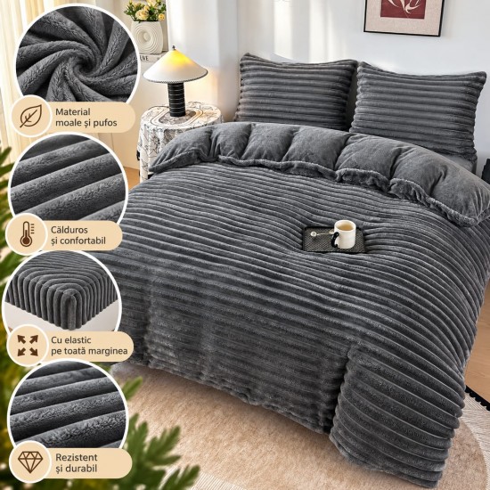 Set Lenjerie Pufoasă Cocolino cu Elastic 4 Piese, Pat Dublu – Model Dungi Reliefate, Gri Inchis, LEC-067 Lenjerii Cocolino 4 piese cu ELASTIC