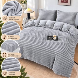 Set Lenjerie Pufoasă Cocolino cu Elastic 4 Piese, Pat Dublu – Model Dungi Reliefate, Gri Deschis, LEC-028