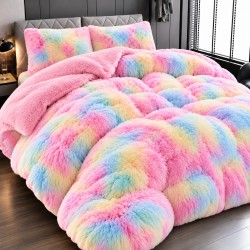 Set Pilotă Fluffy Pat Dublu 200x230 cm cu 2 Fețe de Pernă – Model Multicolor Pastel, PF-005