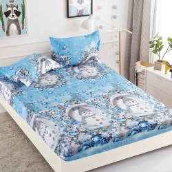 Set Cearșaf cu Elastic din Bumbac Finet 180x200 cm + 2 Fețe de Pernă – Crăciun cu Oameni de Zăpadă, Albastru, LTC-027