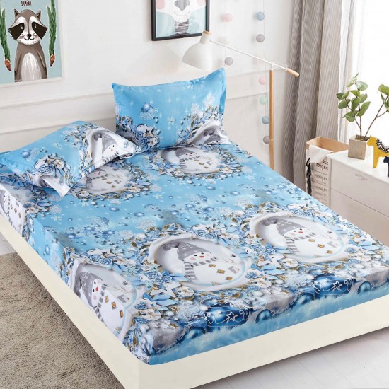 Set Cearșaf cu Elastic din Bumbac Finet 180x200 cm + 2 Fețe de Pernă – Crăciun cu Oameni de Zăpadă, Albastru, LTC-027 Lenjerii tematica Craciun