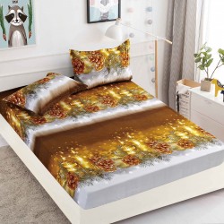 Set Cearșaf cu Elastic din Bumbac Finet 180x200 cm + 2 Fețe de Pernă – Crăciun cu Conuri de Brad Aurii, LTC-046
