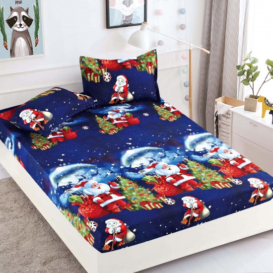 Set Cearșaf cu Elastic din Bumbac Finet 180x200 cm + 2 Fețe de Pernă – Crăciun cu Moș Crăciun, Albastru Închis, LTC-047 Lenjerii tematica Craciun