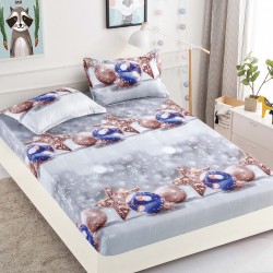 Set Cearșaf cu Elastic din Bumbac Finet 180x200 cm + 2 Fețe de Pernă – Model Crăciun cu Globuri și Steluțe, Gri, LTC-048