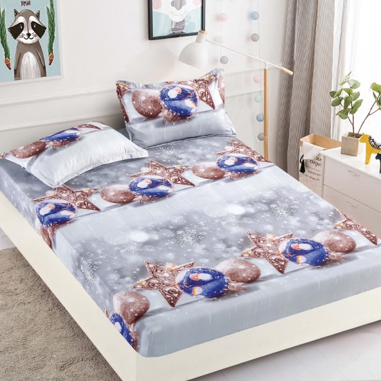 Set Cearșaf cu Elastic din Bumbac Finet 180x200 cm + 2 Fețe de Pernă – Model Crăciun cu Globuri și Steluțe, Gri, LTC-048 Lenjerii tematica Craciun