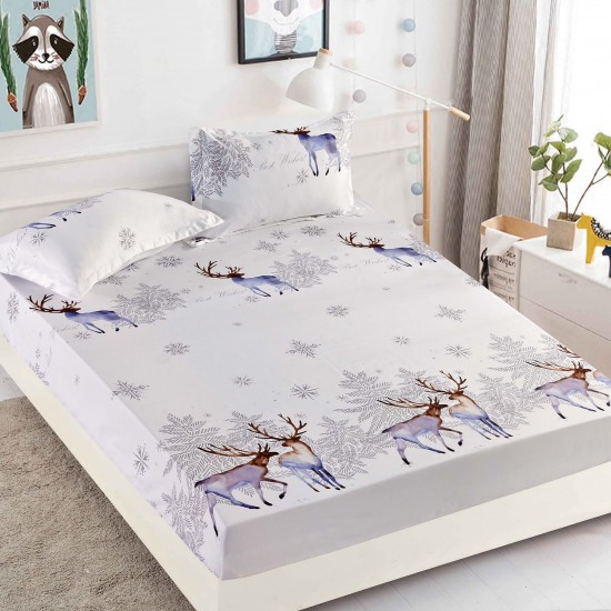 Set Cearșaf cu Elastic din Bumbac Finet 180x200 cm + 2 Fețe de Pernă – Crăciun cu Reni și Fulgi de Nea, Alb, LTC-049 Lenjerii tematica Craciun