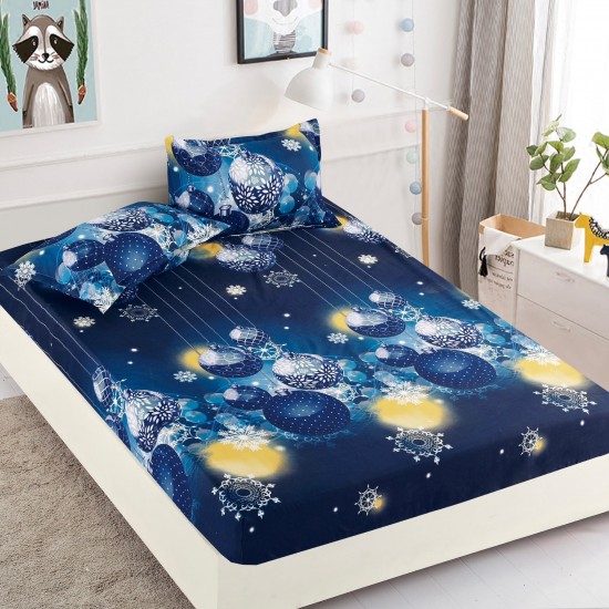 Set Cearșaf cu Elastic din Bumbac Finet 180x200 cm + 2 Fețe de Pernă – Globuri și Fulgi de Nea, Albastru Închis, LTC-051 Lenjerii tematica Craciun