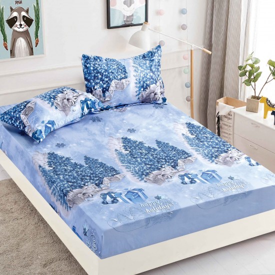 Set Cearșaf cu Elastic din Bumbac Finet 180x200 cm + 2 Fețe de Pernă – Model Crăciun cu Brazi, LTC-052 Lenjerii tematica Craciun