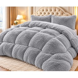 Set Pilotă Fluffy Pat Dublu 200x230 cm cu 2 Fețe de Pernă – Model Gri Deschis, PF-007