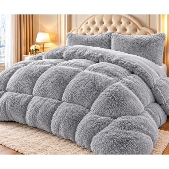 Set Pilotă Fluffy Pat Dublu 200x230 cm cu 2 Fețe de Pernă – Model Gri Deschis, PF-007 Pilote Fluffy