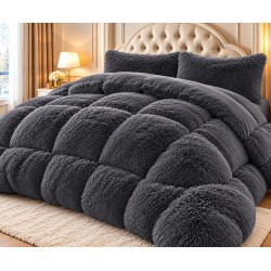 Set Pilotă Fluffy Pat Dublu 200x230 cm cu 2 Fețe de Pernă – Model Gri Inchis, PF-008