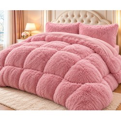 Set Pilotă Fluffy Pat Dublu 200x230 cm cu 2 Fețe de Pernă – Model Roz, PF-010