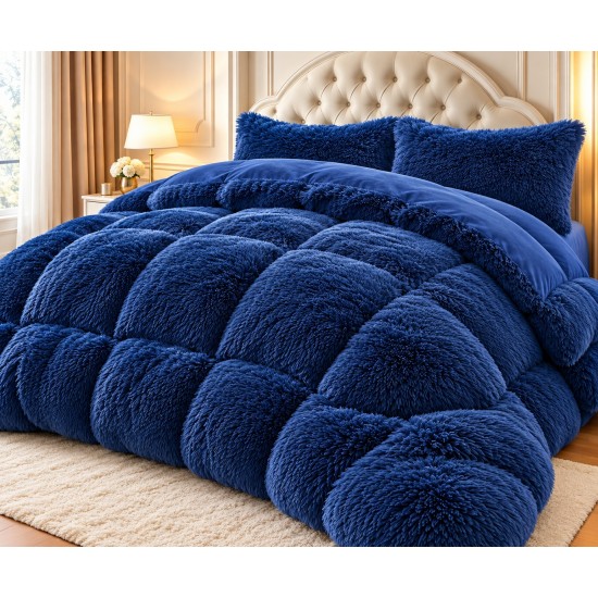 Set Pilotă Fluffy Pat Dublu 200x230 cm cu 2 Fețe de Pernă – Model Albastru Regal, PF-012 Pilote Fluffy
