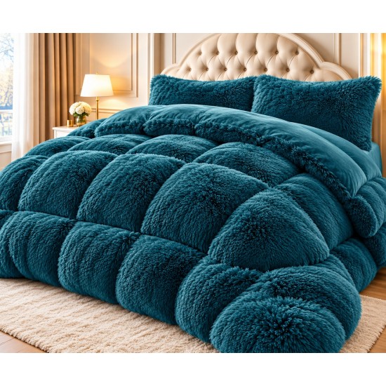 Set Pilotă Fluffy Pat Dublu 200x230 cm cu 2 Fețe de Pernă – Model Verde Petrol, PF-014 Pilote Fluffy