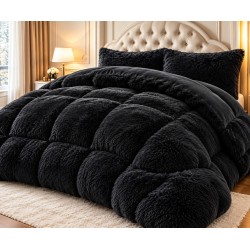 Set Pilotă Fluffy Pat Dublu 200x230 cm cu 2 Fețe de Pernă – Model Negru, PF-019
