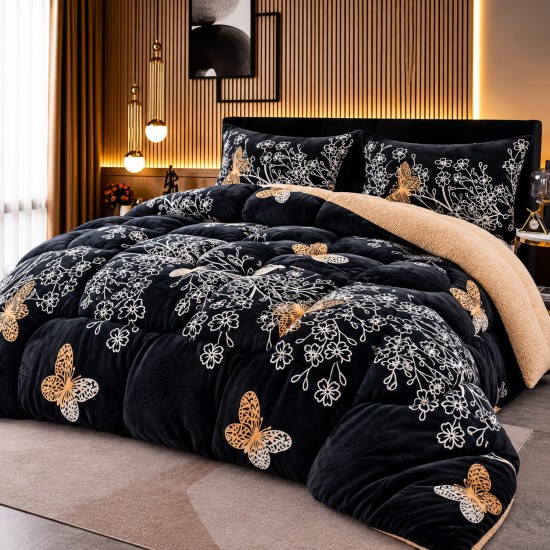 Pilotă Cocolino cu Blană 200x230 cm + 2 Fețe de Pernă – Model Fluturi Aurii și Flori Albe, Negru, PDC-022 Pilote Iarna cu Blana