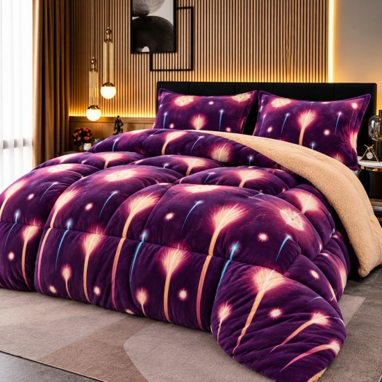 Pilotă Cocolino cu Blană 200x230 cm + 2 Fețe de Pernă – Model Păpădie Luminoasă, Mov, PDC-111 Pilote Iarna cu Blana