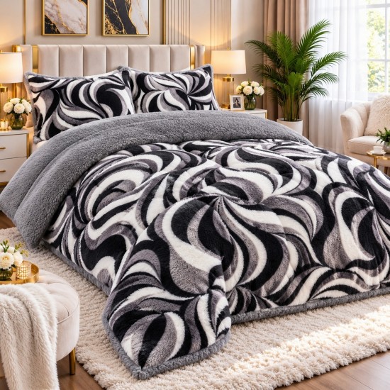 Pilota cu Blăniță 200x230 cm + 2 Fețe de Pernă – Model Abstract Alb-Negru, PDC-139 Pilote Iarna cu Blana