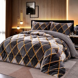 Pilota cu Blăniță + 2 Fețe de Pernă – 200x230 cm, Model Carouri Gri cu Linii Aurii, PDC-019