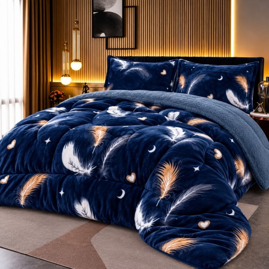 Pilotă Cocolino cu Blăniță 200x230 cm + 2 Fețe de Pernă – Model Pene Elegante, Albastru Închis, PDC-106 Pilote Iarna cu Blana