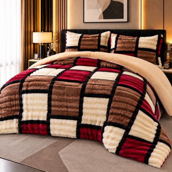 Set Pilota Pufoasa Cocolino, 3 Piese, 200x230 cm, Multicolor-Rosu, patrate, PDC-036 Pilote Iarna cu Blana