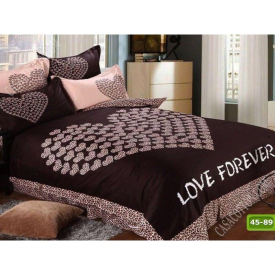 Lenjerie de Pat Dublu 4 Piese din Bumbac Satinat Superior – Model Love Forever, Maro cu Roz, LDBS-075 3 lenjerii la 199 lei