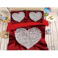 Lenjerie de Pat Dublu 4 Piese din Bumbac Satinat Superior – Model Inimă de Diamante, Roșu Bordo, LDBS-051