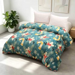 Pătură Cocolino 200x230 cm – Model Crăciun cu Fulgi de Nea și Bomboane, Verde Turcoaz, Moale și Călduroasă, PTC-008
