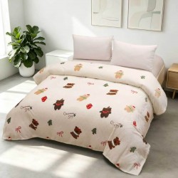 Pătură Cocolino 200x230 cm – Model Crăciun cu Ursuleți și Brăduți, Crem, Moale și Călduroasă, PTC-010